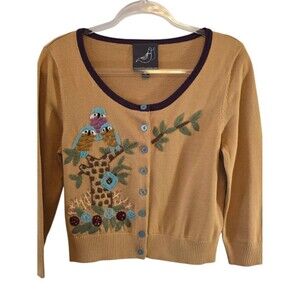 COTTON BLEND CARDIGAN KNITTED DOVE EMBROIDERED WOODLAND DESIGN SIZE LARGE